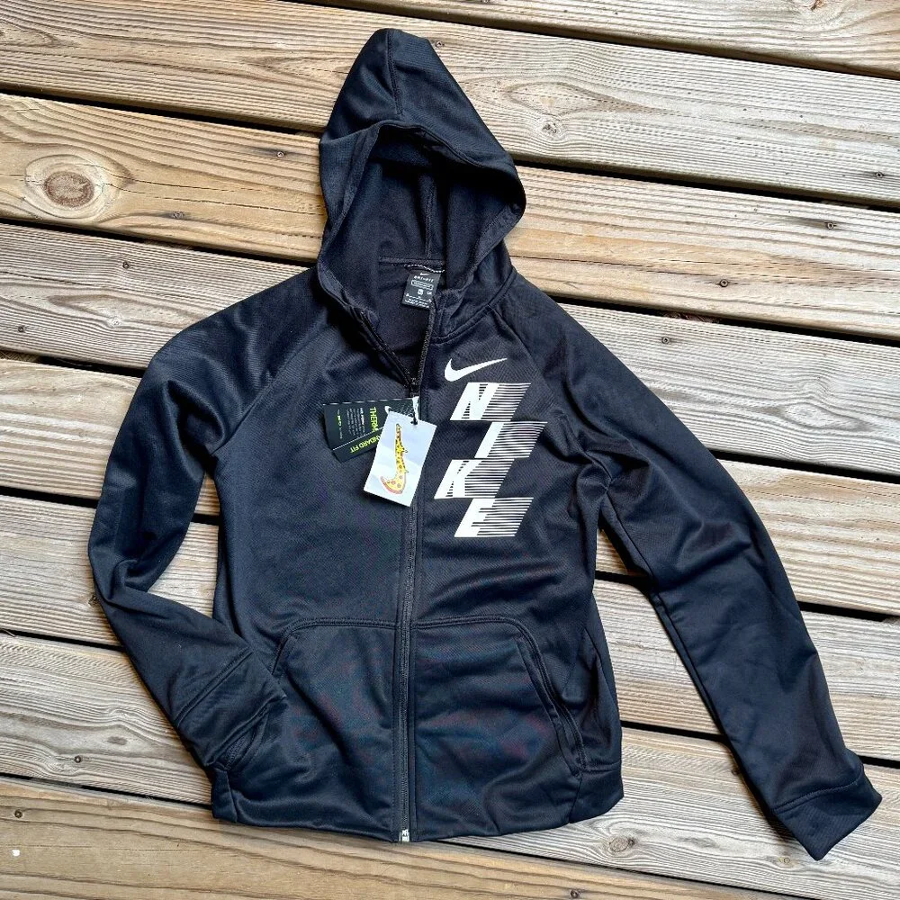 Nike Boys YXL 18 20 Therma Fit Full Zip Hoodie Jacket NWT Pizza Swoosh Black